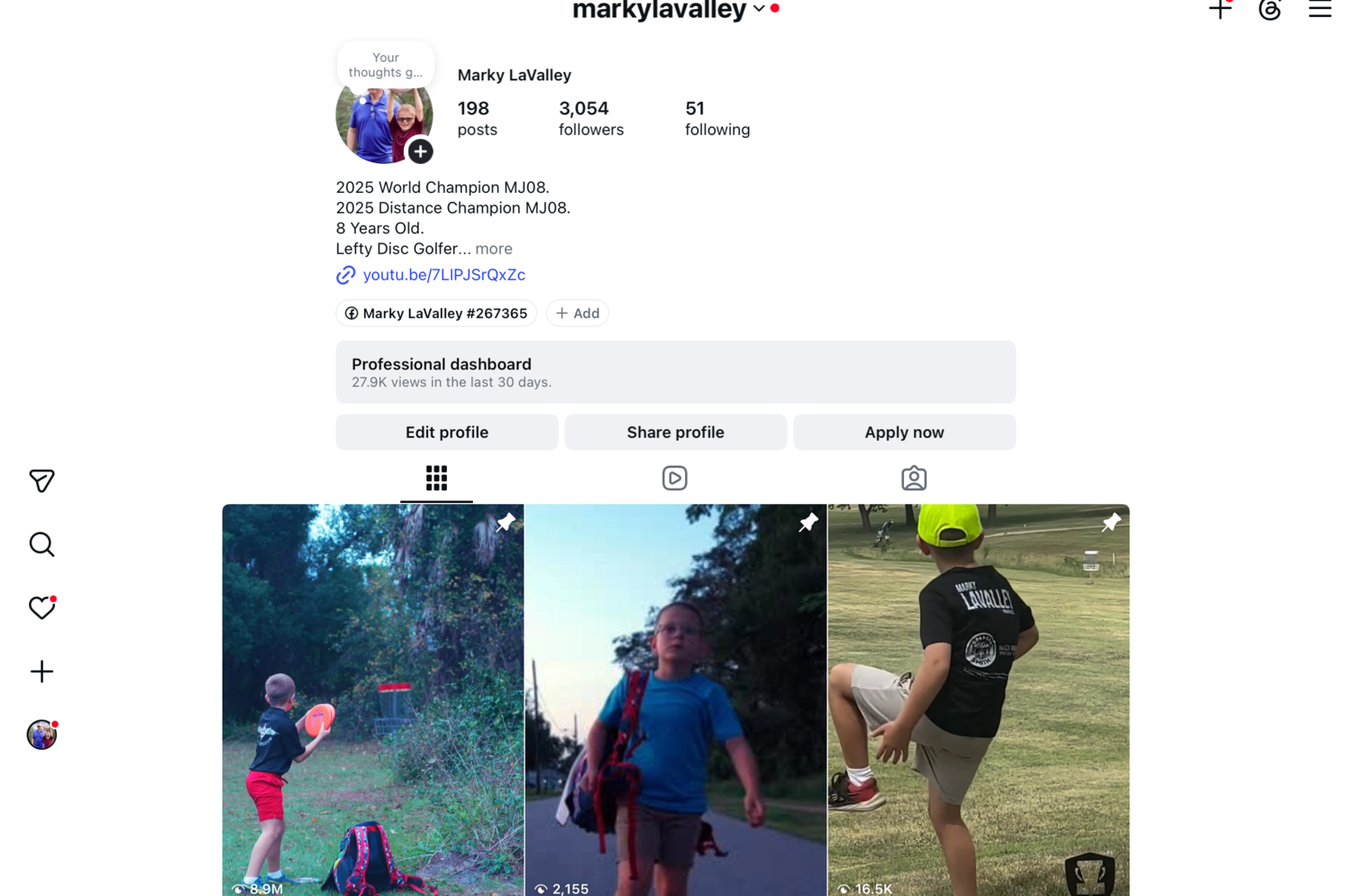 Marky LaValley's Instagram profile showing 2025 World Champion, 3,054 followers, and a pinned video with 8.9 million views